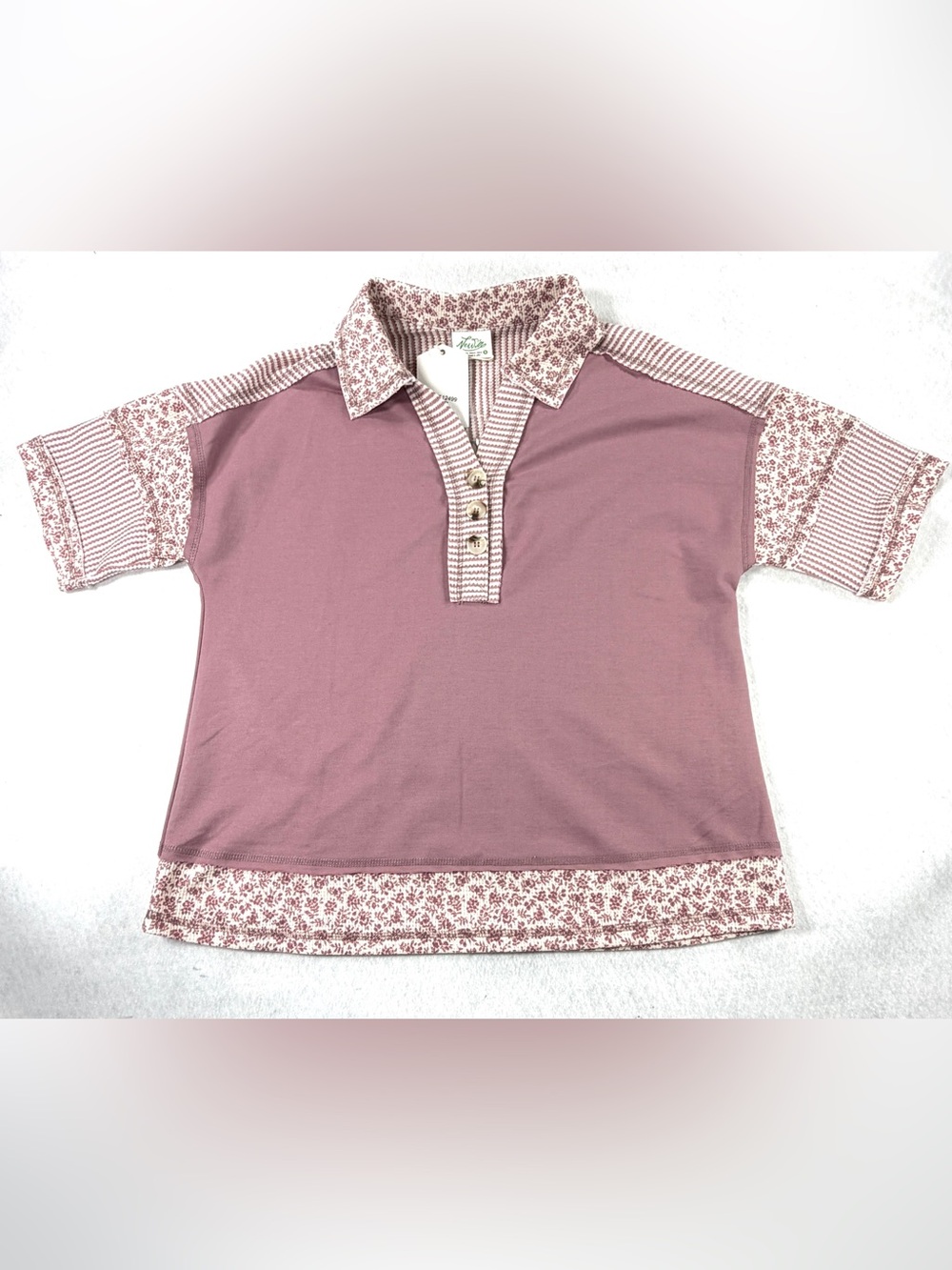 Very J New In NWT Mauve Oversized Floral Half Button Collared Knit Top Small - Picture 4 of 11